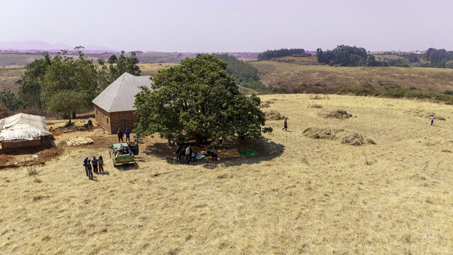 Aerial view of a large tree providing shade for a group of people and a parked pickup truck near a brick building in the rural landscape of Njawai, Taraba, Nigeria.