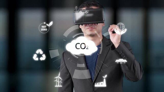 A businessman engages with virtual reality technology in an office setting, highlighting concepts related to carbon emissions and sustainability initiatives, symbolizing innovation. Raster
