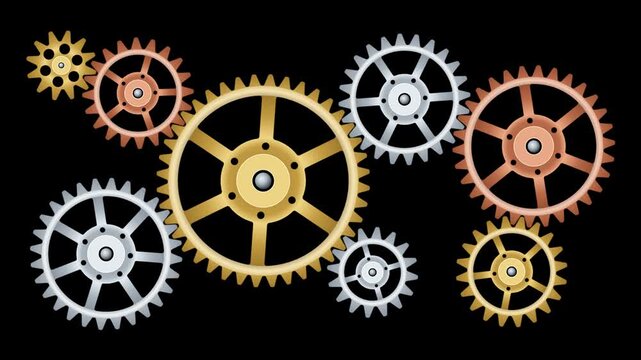 Interlocking brass, copper and steel gears rotating together, teamwork and engineering mechanism concept