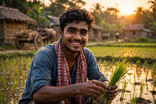 Happy young Bangladeshi farmer planting rice seedlings in paddy field at golden sunset

