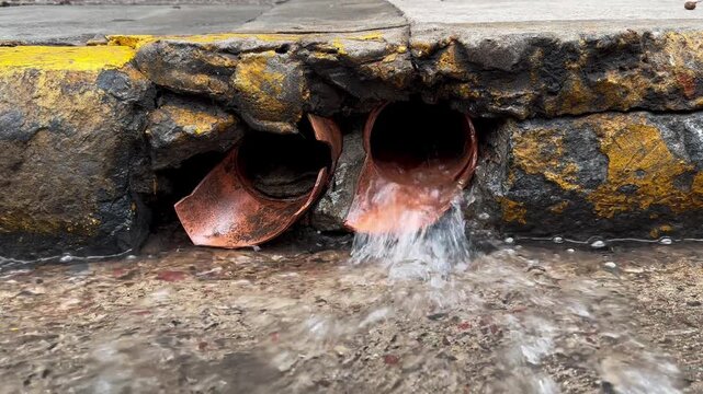Water flowing from an old curb drain pipe onto wet street pavement in Buenos Aires, Argentina. Concept of urban infrastructure and rainy weather. 4k 60fps, High frame rate