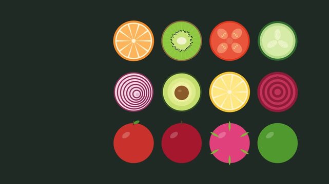 Precise animated slicing reveals intricate botanical geometric patterns inside fresh colorful fruits and vegetables for World Vegan Day