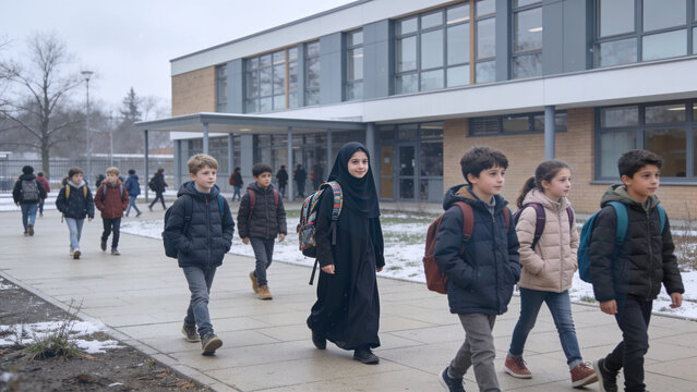 Photorealistic candid winter photograph of younger schoolchildren aged 8&ndash;12 leaving a modern school, wearing backpacks and winter jackets. Children walk independently in different directions, some alo