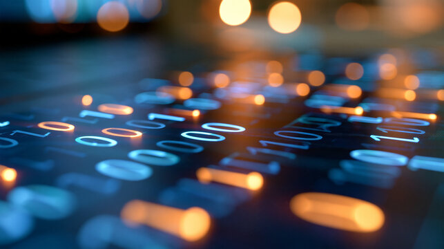 Close-up of digital binary code on a dark background, with copy space