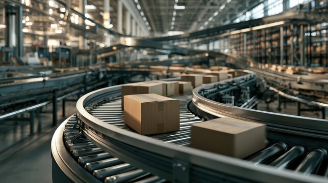 Cardboard boxes moving along a complex network of automated conveyor belts in a fulfillment center. Ideal for.