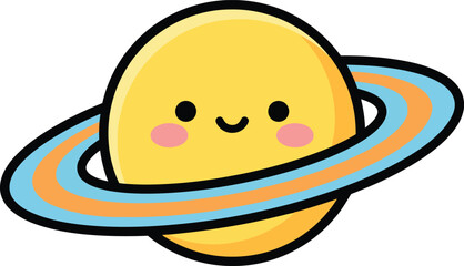 Yellow Saturn planet character with striped blue and orange ring and smile © abid04