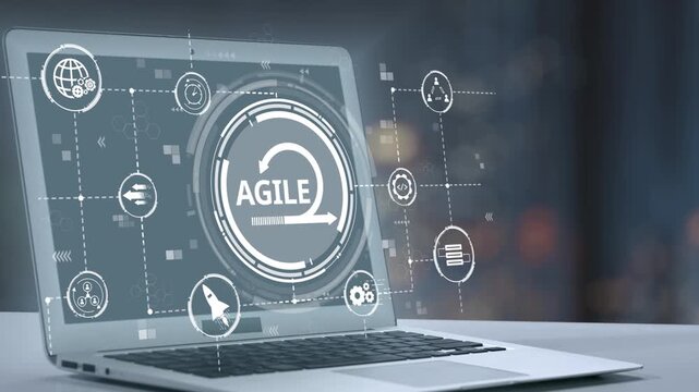 A modern laptop screen illustrates Agile methodology concepts through digital icons, emphasizing project management and innovative solutions in a contemporary workspace. Salient