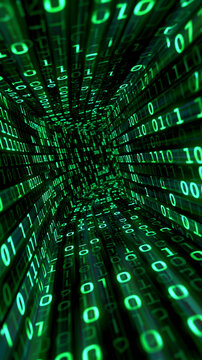 Abstract digital tunnel with a green binary code matrix, with copy space