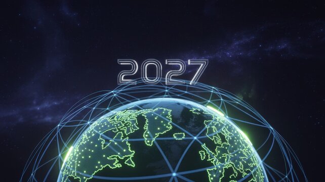 Digital earth globe with glowing 2027 text in space