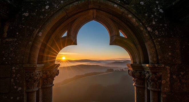 Gothic stone arch framing a golden sunrise over misty valley hills with serene atmospheric morning light