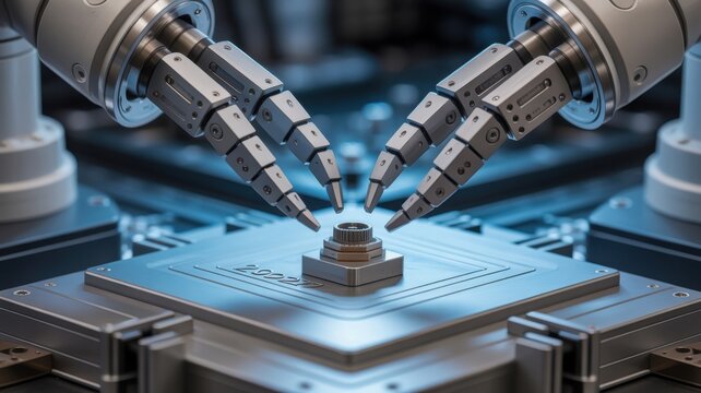 Industrial robotic arm drilling metal part in a factory