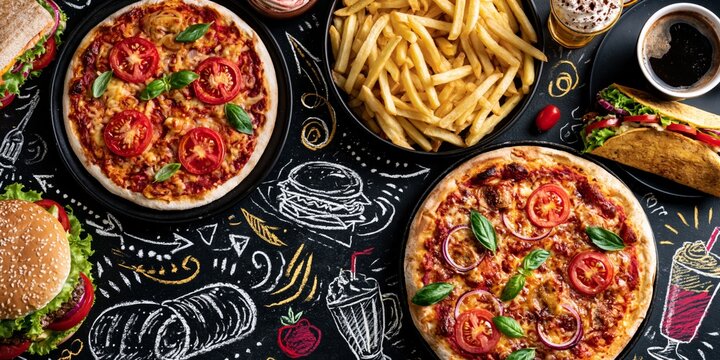 Delicious fast food spread featuring pizzas, burgers, fries, and drinks on a chalkboard background with playful doodles, vibrant colors, and appetizing presentation.