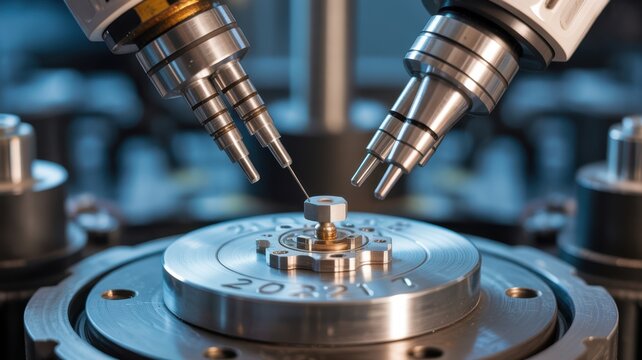 Industrial robotic arm drilling metal part in a factory
