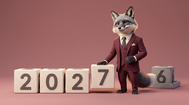 Anthropomorphic silver fox wearing an elegant maroon business suit standing proudly beside large white cubes displaying the new year twenty twenty seven against warm background