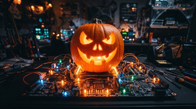 Halloween celebration with carved pumpkin on electronic circuit board