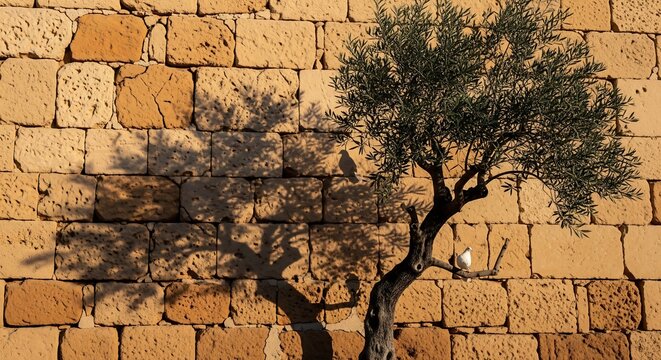 Small olive tree casts long silhouette shadow against weathered golden sandstone wall in warm afternoon sunlight