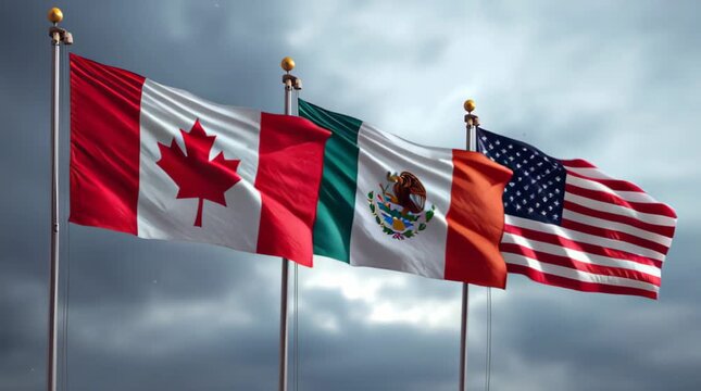 Flags of Canada, Mexico, and the United States waving in the wind under a cloudy sky