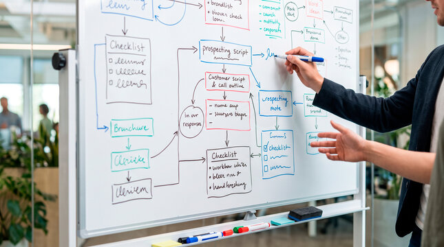 Business meeting with whiteboard brainstorming session and planning