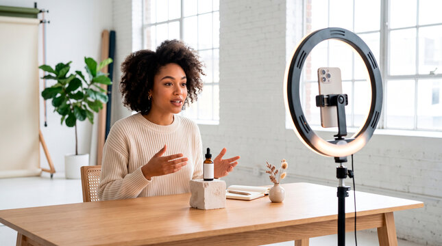 Influencer filming product review with ring light and smartphone in