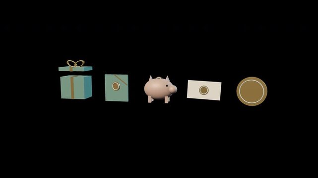 A gift envelope piggy bank banknote and coin animate in a coordinated transparent eight second financial reward loop.