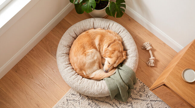 Cute sleeping dog curled in pet bed with blanket on wooden floor in