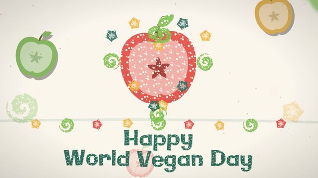Handmade vegetable and fruit relief stamps imprint a textured green heart on rustic paper for World Vegan Day ethical lifestyle concept