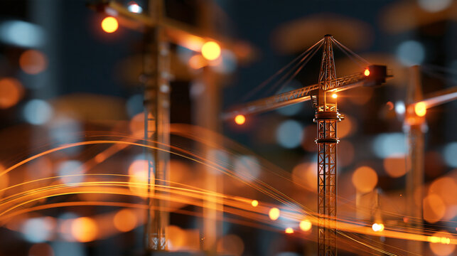 Futuristic digital construction cranes illuminating a vibrant orange abstract cityscape at night, with copy space