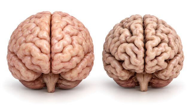 Brain dementia comparison with normal anatomy and cortical atrophy in a photorealistic 3D medical illustration on a clean clinical background for neurology, healthcare design and patient education