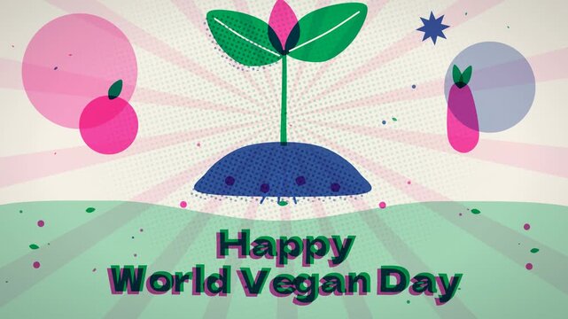 Vibrant botanical seedling bursts from fertile soil in retro risograph multi-color print style celebrating plant power for World Vegan Day