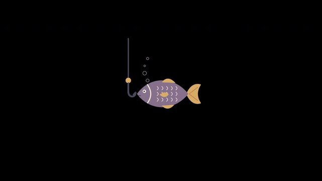 A detailed fish swims toward a hanging hook, pauses and swims away in a seamless eight second transparent animation.