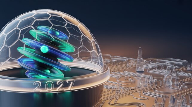 Abstract 2027 glowing digital core inside a glass dome