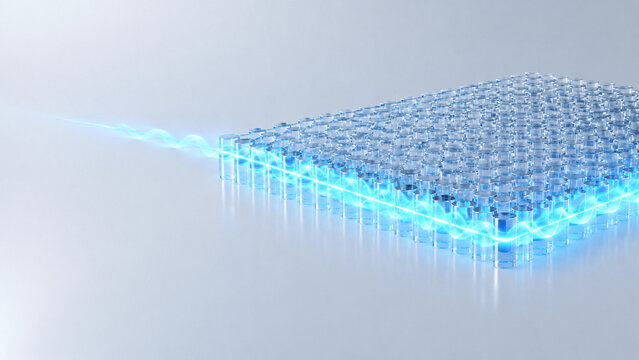 3D topological photonic crystal lossless edge transport concept, translucent dielectric pillar lattice with glowing unidirectional scattering-free light path with copy space