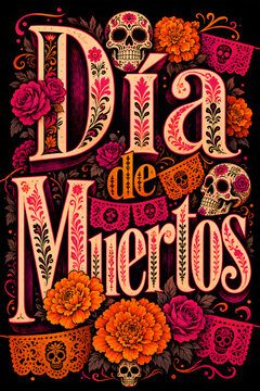 Poster de Texto de D&iacute;a de Muertos en estilo vector ilustado colorido