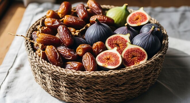 Woven basket filled with fresh figs and dried dates on a linen cloth under soft warm natural sunlight
