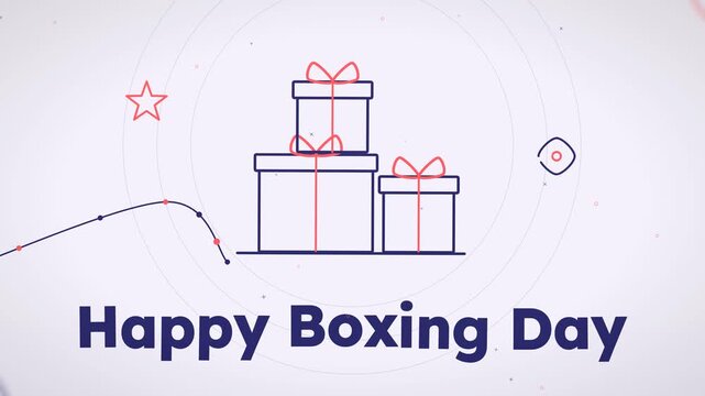 Minimalist continuous line art animation of wrapped holiday gift boxes opening their lids in sequential rhythm for Boxing Day celebration