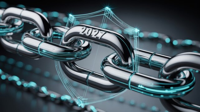 Shiny metal chain links with 2024 text and digital glowing net