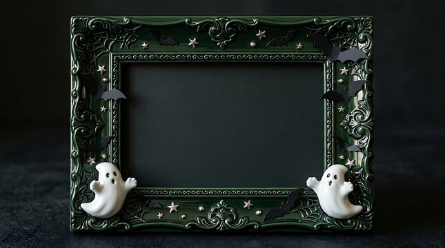 Halloween decorative frame featuring ghost figurines bat cutouts and