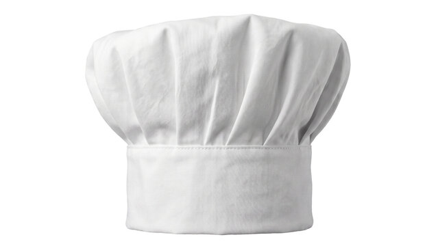 Traditional white chef's toque hat with pleated fabric, professional cooking headwear isolated PNG on transparent background for culinary, restaurant, and food service design.