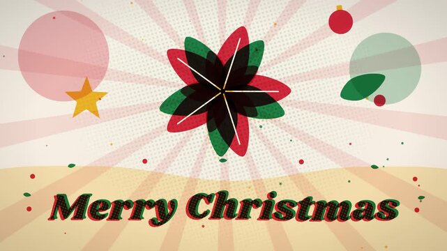 Stylized retro risograph animation of a blooming red poinsettia flower in bold overprinted inks celebrating traditional Christmas Day festivities