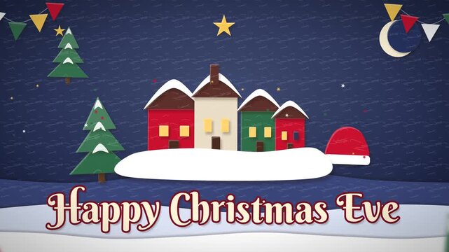 Charming layered paper craft animation of a warm brick hearth with hung holiday stockings and glowing ember lights on a peaceful Christmas Eve evening