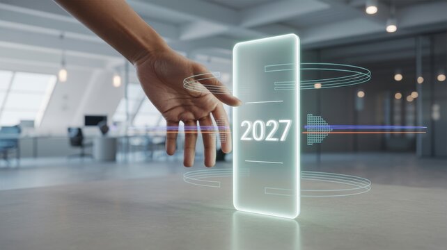 Robotic hand touching a digital screen with 2027 text