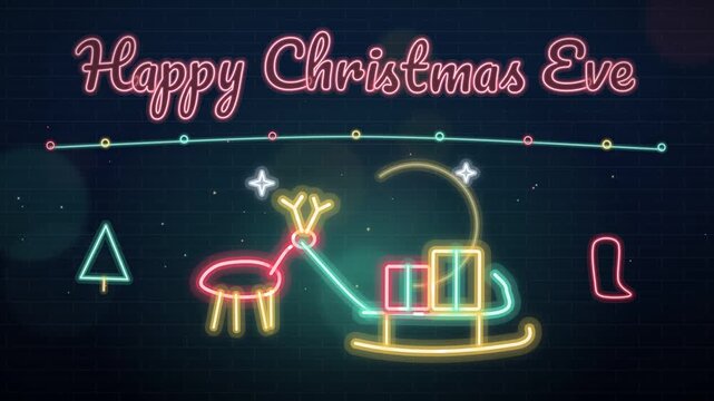 Radiant neon Christmas Eve evergreen tree shining with electric emerald and ruby light beams as festive holiday typography animates across a dark night sky