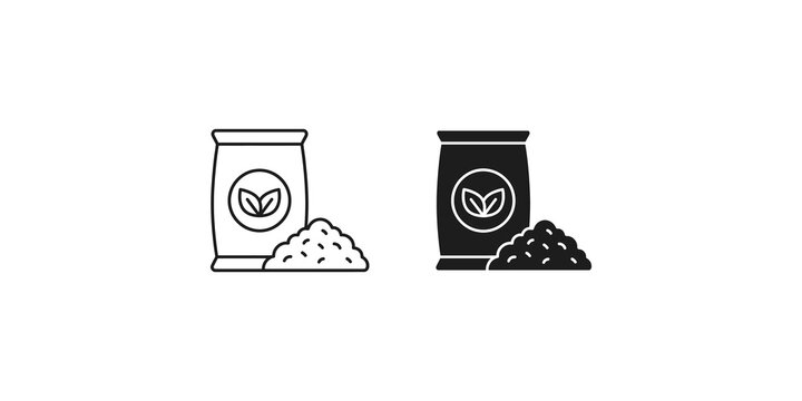 Organic fertilizer bag and soil mound icon set for agriculture and sustainable farming.