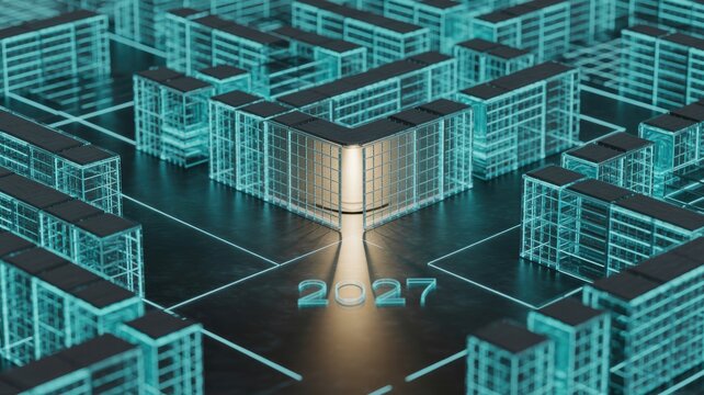 Abstract digital maze with glowing neon blue lines