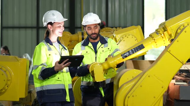 Engineer and industrial technician inspect robot arms in factory automation production as safety clad workers review tablet data beside heavy machinery during collaborative machinery operations