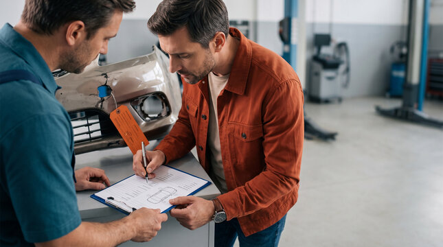 Two men discussing car service details and filling out paperwork in garage  