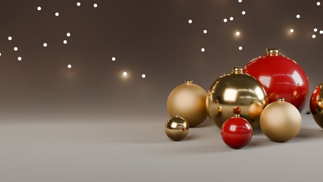 Gold and red Christmas ornaments on green velvet background with copy space, 3D render