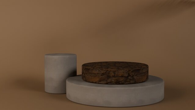 Beige stone podium with palm leaf shadow, 3D render mockup for cosmetic products