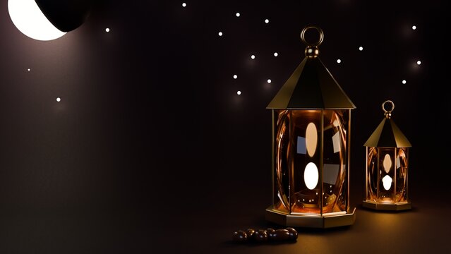 Golden Ramadan lanterns with crescent moon and stars on dark blue background, 3D render