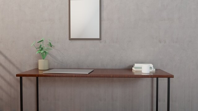 Modern wooden desk in a bright home office with window light and copy space, 3D render